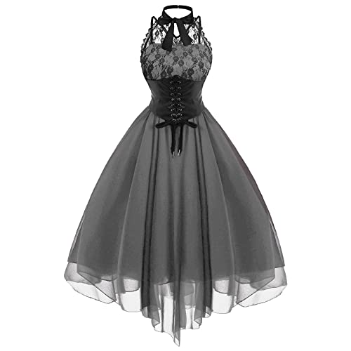 Cocktailkleid Damen Ärmelloses Gothic Korsett Kleid Festlich Halloween Kostüm Elegant Spitze Partykleid Vintage Mittelalter Kleider Hohe Taille Steampunk Ballkleid A Linie Abendkleid von EMATOP