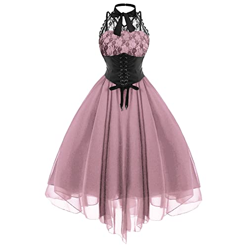 Cocktailkleid Damen Ärmelloses Gothic Korsett Kleid Festlich Halloween Kostüm Elegant Spitze Partykleid Vintage Mittelalter Kleider Hohe Taille Steampunk Ballkleid A Linie Abendkleid von EMATOP