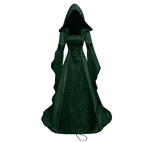 Cosplay Kostüm Damen Halloween Mittelalter Kleid Lang Bodenlanges Cocktailkleid mit Kapuze Korsett Gothic Kleider Elegante A-Linie Partykleid Trompetenärmel Abendkleid Frauen Ballkleid von EMATOP