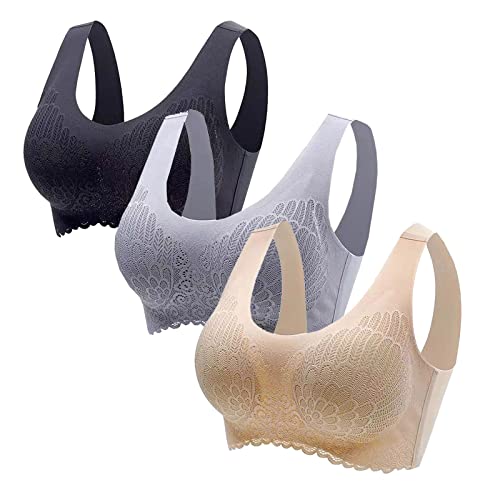 Damen 1/3er Set Sport BH ohne Bügel Bustier Sexy Spitze Bra Klassische Bequem Bustiers Top Baumwolle Einfarbig Yoga BHS Stretch Wohlfühl-BH für Fitness Lauf Joggen von EMATOP