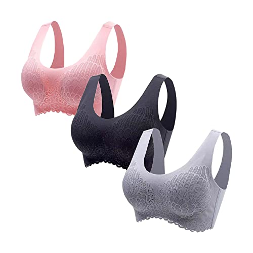 Damen 1/3er Set Sport BH ohne Bügel Bustier Sexy Spitze Bra Klassische Bequem Bustiers Top Baumwolle Einfarbig Yoga BHS Stretch Wohlfühl-BH für Fitness Lauf Joggen von EMATOP