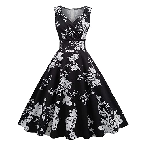 Damen 50er Jahre Kleider Vintage Rockabilly Cocktailkleid Sexy Ärmellos Ballkleid Elegant A-Line Kleid Blumendruck Sommerkleid Knielang V-Ausschnitt Abendkleid Hohe Taille Faltenrock von EMATOP