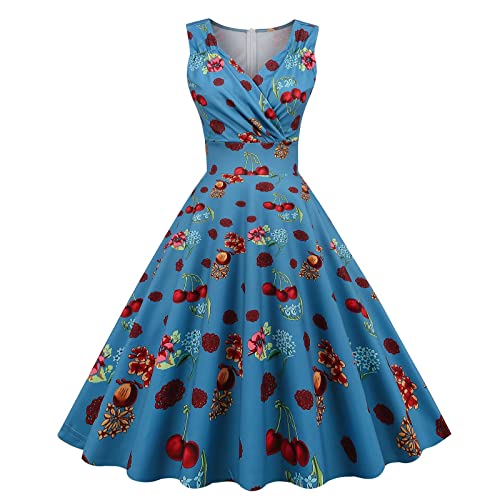 Damen 50er Jahre Kleider Vintage Rockabilly Cocktailkleid Sexy Ärmellos Ballkleid Elegant A-Line Kleid Blumendruck Sommerkleid Knielang V-Ausschnitt Abendkleid Hohe Taille Faltenrock von EMATOP