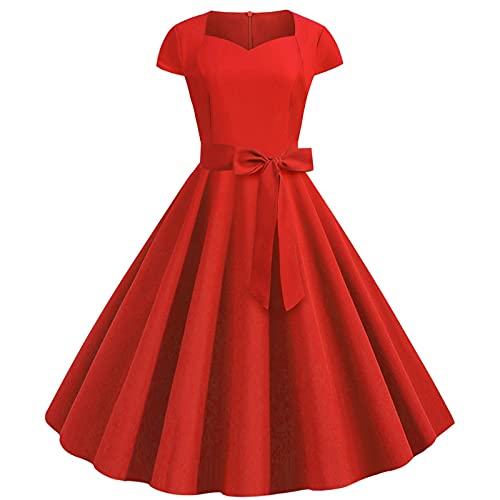 Damen 50er Jahre Rockabilly Kleider Vintage Elegant Abendkleid Kurzarm V-Ausschnitt Coctailkleid Hohe Taille Einfarbig Partykleid mit Gürtel Faltenkleid Hepburn Ballkleid A Linie Kleid von EMATOP