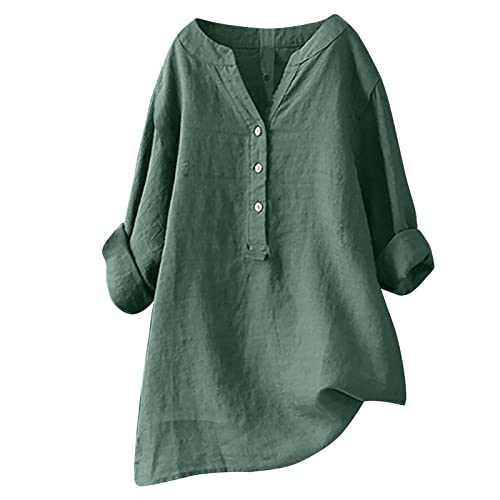 Damen Bluse Elegant V-Ausschnitt Leinenbluse Tops Lässig Einfarbig Oberteil Shirt Locker Vintage Longbluse Baumwolle Leinen T-Shirt Leicht Atmungsaktiv Tunika Sommershirts für Frauen von EMATOP