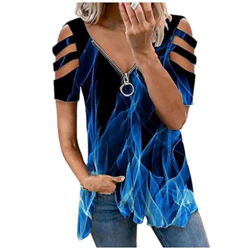 Damen Bluse Sommer Tunika Shirt Sexy Kalte Schulter Kurzarm T-Shirt Elegant Schulterfrei Oberteile V-Ausschnitt Reißverschluss Longshirt Mode Leopardenmuster Tops Casual Lose Blusenshirt von EMATOP