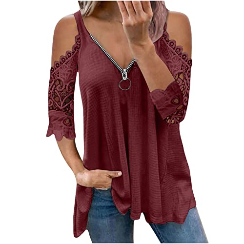 Damen Blusen Elegant Spitzenarm V-Ausschnitt Blumenmuster Shirt Hemd Casual Mode Leicht Tunika Spitzen T-Shirt Tops Oberteile Spitzeshirts von EMATOP