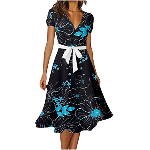 Damen Boho Sommerkleider Lang Chiffon Kleider V-Ausschnitt Kurzarm Blumen Strandkleid Elegant High Waist Partykleid Einfarbig Lässig Midikleid Vintage A-Linie Kleid Knielang Freizeitkleid von EMATOP