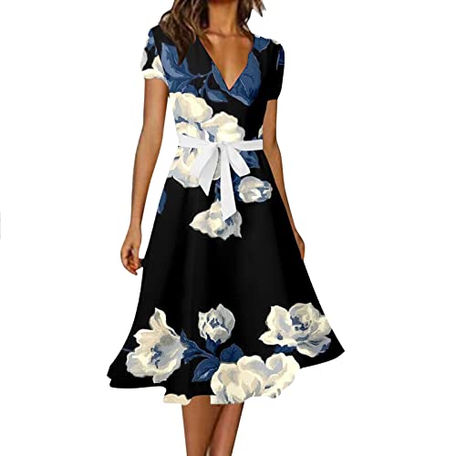 Damen Boho Sommerkleider Lang Chiffon Kleider V-Ausschnitt Kurzarm Blumen Strandkleid Elegant High Waist Partykleid Einfarbig Lässig Midikleid Vintage A-Linie Kleid Knielang Freizeitkleid von EMATOP