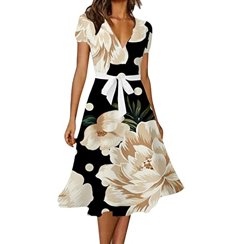 Damen Boho Sommerkleider Lang Chiffon Kleider V-Ausschnitt Kurzarm Blumen Strandkleid Elegant High Waist Partykleid Einfarbig Lässig Midikleid Vintage A-Linie Kleid Knielang Freizeitkleid von EMATOP