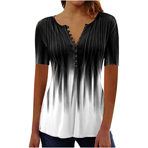 Damen Casual T-Shirt Elegant Sommer Kurzarm Tops V-Ausschnitt Knopfleiste Bluse Longshirt Vinatge Bunte Druck Tunika Oberteile Top Hemd Baumwolle Lose Sportshirt Laufshirt für Frauen von EMATOP