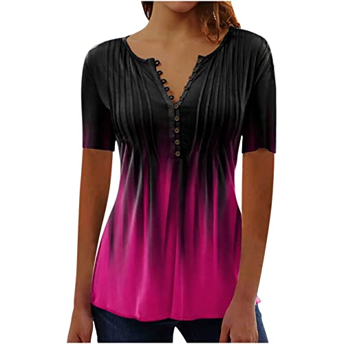 Damen Casual T-Shirt Elegant Sommer Kurzarm Tops V-Ausschnitt Knopfleiste Bluse Longshirt Vinatge Bunte Druck Tunika Oberteile Top Hemd Baumwolle Lose Sportshirt Laufshirt für Frauen von EMATOP