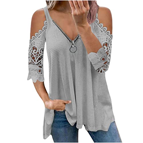 Damen Elegant Oberteil Tops T-Shirt Spitzenarm Oberteile Sommer Slim Shirts Einfarbig Basicshirt mit Rundhals Blusenshirt von EMATOP