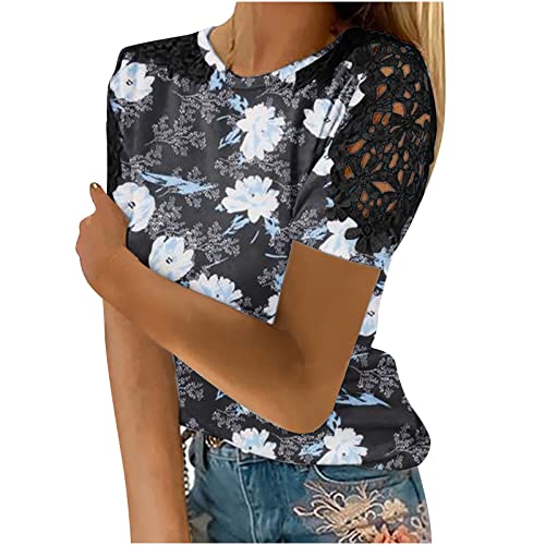 Damen Elegant Sommer Tshirt Spitzen Kurze Ärmel Bluse Tops Baumwolle Einfarbig Tunika Sommershirts Rundhals Mode Sportshirt Leicht Bequemes Oberteile Teenager Mädchen Kurzarm Shirt von EMATOP