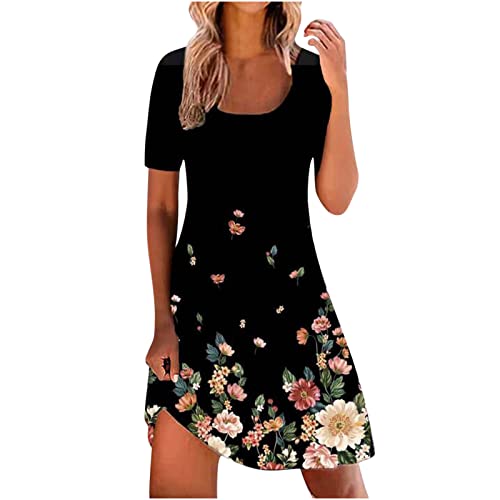 Damen Freizeit Kleider Kurzarm Elegant Sommerkleider Knielang Boho Strandkleider Casual Blumen Blusenkleid Retro A Linie Kleid Baumwolle Leicht Shirtkleider Kurz Tunika Minikleider von EMATOP