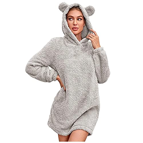 EMATOP Damen Hoodie Pullover Oversize Lang Teddy Kapuzenpullover Sweatshirt Lässiges Einfarbig Langarm Pulli Winter Warm Plüsch Kapuzenpullis Weihnachten Schlafanzug Pyjama Schön Minikleid von EMATOP