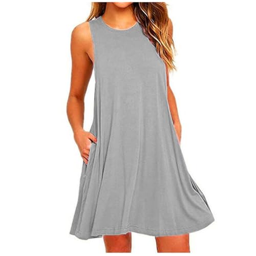 Damen Kleider Elegant Kurzer Shirtkleid Ärmellos Lässiges Sommerkleid Knielang Minikleid Baumwolle Einfarbig Strandkleid Bequem Leicht Freizeitkleid mit Taschen T-Shirt A Linie Kleid von EMATOP