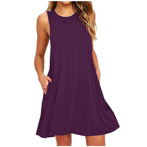 Damen Kleider Elegant Kurzer Shirtkleid Ärmellos Lässiges Sommerkleid Knielang Minikleid Baumwolle Einfarbig Strandkleid Bequem Leicht Freizeitkleid mit Taschen T-Shirt A Linie Kleid von EMATOP