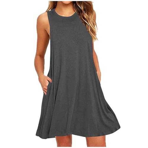 Damen Kleider Elegant Kurzer Shirtkleid Ärmellos Lässiges Sommerkleid Knielang Minikleid Baumwolle Einfarbig Strandkleid Bequem Leicht Freizeitkleid mit Taschen T-Shirt A Linie Kleid von EMATOP