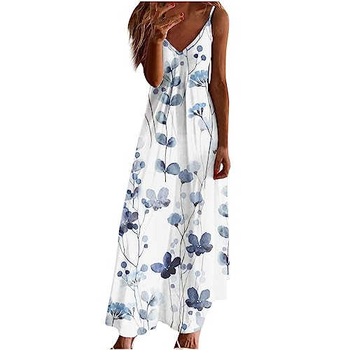 Damen Kleider Lose Freizeit Sommerkleid Lang Boho Maxikleid Locker V-Ausschnitt Strandkleid Elegant Hohe Taille Blumenkleid Ärmellos A Linie Kleid Bunte Druck Strandkleid für Frauen von EMATOP