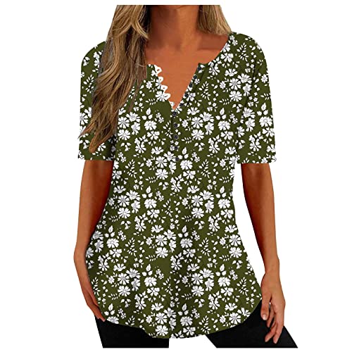 Damen Kurzarm T-Shirt Sommer Elegant Tunika Longshirt Lässig Lose Oberteile V-Ausschnitt Knopfleiste Bluse Tops Vintage Blumen Druck Sommershirts Baumwolle Leicht Longbluse für Frauen von EMATOP