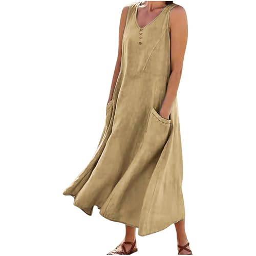Damen Lässige Leinenkleid Elegant V-Ausschnitt Sommerkleid Baumwolle Leinen A Linie Kleid Leicht Bequemes Leinenkleid Ärmellos Einfarbig Strandkleid mit Taschen Midikleider für Alltag von EMATOP