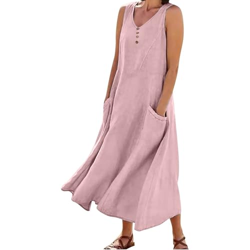 Damen Lässige Leinenkleid Elegant V-Ausschnitt Sommerkleid Baumwolle Leinen A Linie Kleid Leicht Bequemes Leinenkleid Ärmellos Einfarbig Strandkleid mit Taschen Midikleider für Alltag von EMATOP