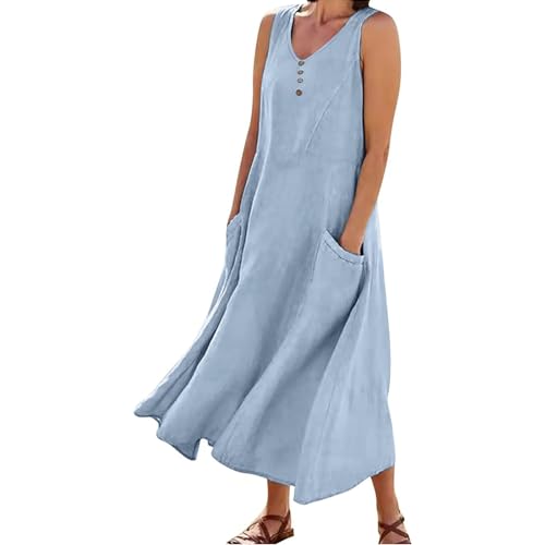 Damen Lässige Leinenkleid Elegant V-Ausschnitt Sommerkleid Baumwolle Leinen A Linie Kleid Leicht Bequemes Leinenkleid Ärmellos Einfarbig Strandkleid mit Taschen Midikleider für Alltag von EMATOP