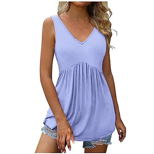 Damen Lässige Oberteil Shirt Sommer Elegant Tank Top Ärmellos V Ausschnitt Tunika Tshirt Baumwolle Einfarbig Bluse Longshirt Hohe Taille Plissiert Sommershirts Lose Weich Unterhemd Tops von EMATOP