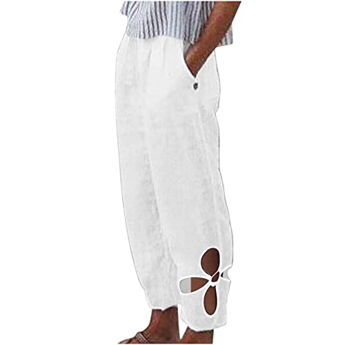 Damen Leichte Baggy Leinenhose Sommer Weite Beine Hose High Waist Haremshose Casual Loose Fit Stoffhose Baumwolle Leinen Caprihose mit Taschen Freizeithose Vintage Elegant Strandhose von EMATOP