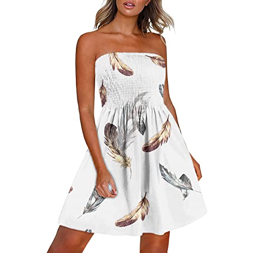 EMATOP Damen Boho Kleid Bandeau Sommerkleid Elegant Kurz Freizeitkleid Trägerlos Ärmellos Party Strandkleid Cocktailkleid Farbverlauf Blumen Druck Minikleid Stretch Hohe Taille Faltenkleid von EMATOP