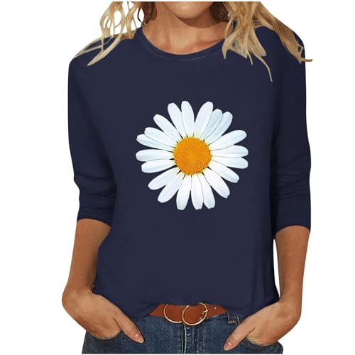 Damen Oberteile Sommer Lässige Shirt 3/4 Arm Bluse Elegant Baumwolle Tunika Tshirt Basic Rundhals Sommershirts Casual Leicht Sportshirt Blumen Muster Kurzarm Longshirt Angebot des Tages von EMATOP