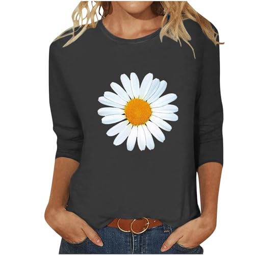 Damen Oberteile Sommer Lässige Shirt 3/4 Arm Bluse Elegant Baumwolle Tunika Tshirt Basic Rundhals Sommershirts Casual Leicht Sportshirt Blumen Muster Kurzarm Longshirt befristetes Angebot von EMATOP