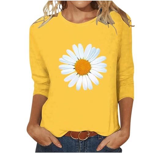 Damen Oberteile Sommer Lässige Shirt 3/4 Arm Bluse Elegant Baumwolle Tunika Tshirt Basic Rundhals Sommershirts Casual Leicht Sportshirt Blumen Muster Kurzarm Longshirt befristetes Angebot Heute von EMATOP