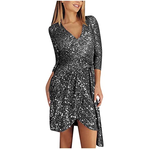 Damen Pailletten Kleider Langarm V-Ausschnitt Partykleid mit Glitzer Abendkleid Sexy Bodycon Party Minikleid Knielang Paillettenkleid Festliches Elegant Cocktailkleid A-Linien Ballkleid von EMATOP