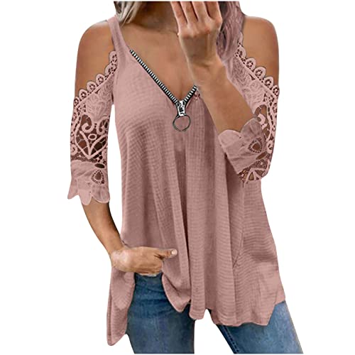 Damen Sexy Oberteil Kurzarm T-Shirt Sommer Schulterfrei Bluse Top V-Ausschnitt Reißverschluss Tunika Blusenshirt mit Spitze Ärmel Longshirt Mode Einfarbig Tshirt Elegant Falten Streetwear von EMATOP