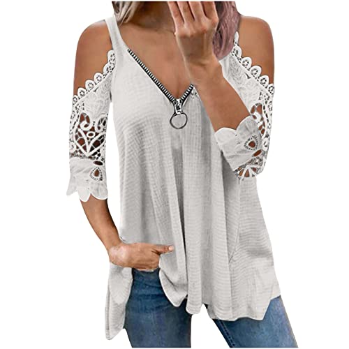 Damen Sexy Oberteil Kurzarm T-Shirt Sommer Schulterfrei Bluse Top V-Ausschnitt Reißverschluss Tunika Blusenshirt mit Spitze Ärmel Longshirt Mode Einfarbig Tshirt Elegant Falten Streetwear von EMATOP