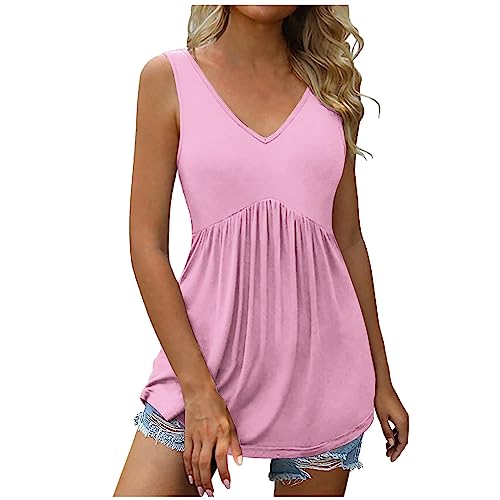 Damen Sommer Ärmellose T-Shirt V-Ausschnitt Elegant Tank Top Leicht Baumwolle Weste Shirt Lose Einfarbig Oberteile Casual Plissiert Sommershirts Vintage Hohe Taille Tunika Longshirt von EMATOP