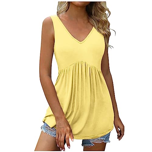 Damen Sommer Ärmellose T-Shirt V-Ausschnitt Elegant Tank Top Leicht Baumwolle Weste Shirt Lose Einfarbig Oberteile Casual Plissiert Sommershirts Vintage Hohe Taille Tunika Longshirt von EMATOP