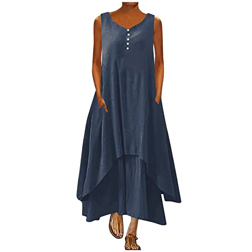 Damen Sommer Freizeitkleider Baumwolle Leinen Kleid Casual Ärmellos Maxikleid Lang Elegant Partykleid Locker Einfarbig Midikleid mit Taschen Shirtkleider Hohe Taille A Linie Kleider von EMATOP