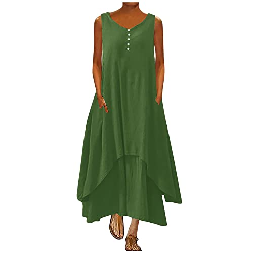 Damen Sommer Freizeitkleider Baumwolle Leinen Kleid Casual Ärmellos Maxikleid Lang Elegant Partykleid Locker Einfarbig Midikleid mit Taschen Shirtkleider Hohe Taille A Linie Kleider von EMATOP