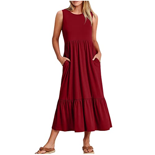 Damen Sommer Lang Kleid Rundhals Ärmellos Maxikleid Knielang A Linie Kleider Hohe Taille Elegant Maxikleid Casual Einfarbig Sommerkleid mit Taschen Strandkleid 2024 Mode Freizeitkleider von EMATOP