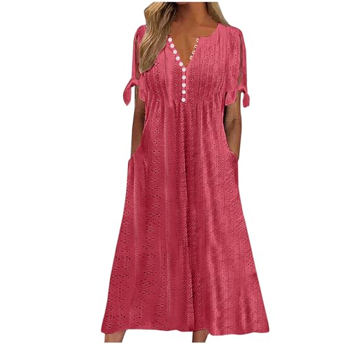 Damen Sommer Langes Strandkleid Elegant A Linie Kleid Hohe Taille Midikleider Knielang Boho Kleider Casual Kurzarm Sommerkleid Einfarbig Baumwolle Blusenkleid mit Taschen Freizeitkleid von EMATOP