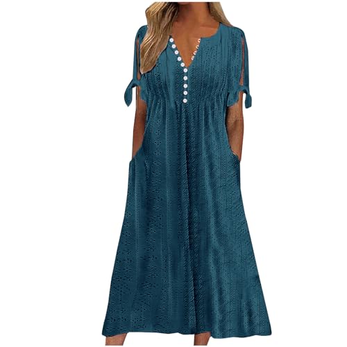 Damen Sommer Langes Strandkleid Elegant A Linie Kleid Hohe Taille Midikleider Knielang Boho Kleider Casual Kurzarm Sommerkleid Einfarbig Baumwolle Blusenkleid mit Taschen Freizeitkleid von EMATOP