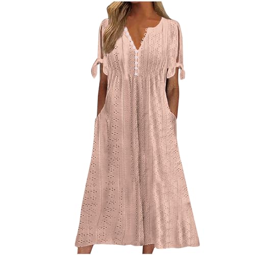 Damen Sommer Langes Strandkleid Elegant A Linie Kleid Hohe Taille Midikleider Knielang Boho Kleider Casual Kurzarm Sommerkleid Einfarbig Baumwolle Blusenkleid mit Taschen Freizeitkleid von EMATOP