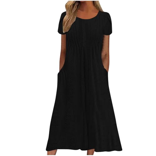 EMATOP Damen Sommer Midikleid Kurzarm Lässig Strandkleid Lang Elegant Sommerkleid Knielang Tunika Kleider Luftig Leicht Shirtkleid mit Taschen Freizeitkleid Hohe Taille A Linie Kleid für Frauen von EMATOP