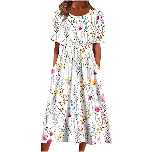 EMATOP Damen Sommer Midikleid Lässig Kurzarm Strandkleid Lang Elegant Sommerkleid Knielang Tunika Kleider Luftig Leicht Shirtkleid mit Taschen Freizeitkleid Hohe Taille A Linie Kleid für Frauen von EMATOP