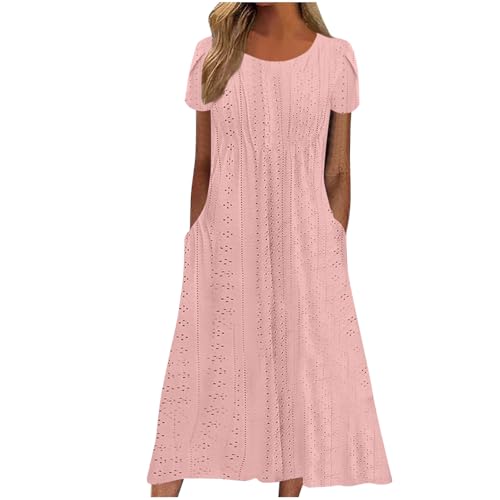 Damen Sommer Midikleid Kurzarm Lässig Strandkleid Lang Elegant Sommerkleid Knielang Tunika Kleider Luftig Leicht Shirtkleid mit Taschen Freizeitkleid Hohe Taille A Linie Kleid für Frauen von EMATOP