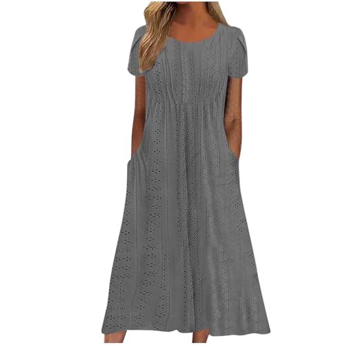 Damen Sommer Midikleid Kurzarm Lässig Strandkleid Lang Elegant Sommerkleid Knielang Tunika Kleider Luftig Leicht Shirtkleid mit Taschen Freizeitkleid Hohe Taille A Linie Kleid für Frauen von EMATOP