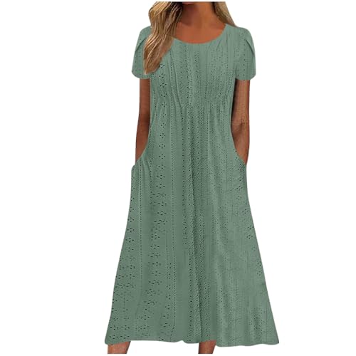 Damen Sommer Midikleid Kurzarm Lässig Strandkleid Lang Elegant Sommerkleid Knielang Tunika Kleider Luftig Leicht Shirtkleid mit Taschen Freizeitkleid Hohe Taille A Linie Kleid für Frauen von EMATOP